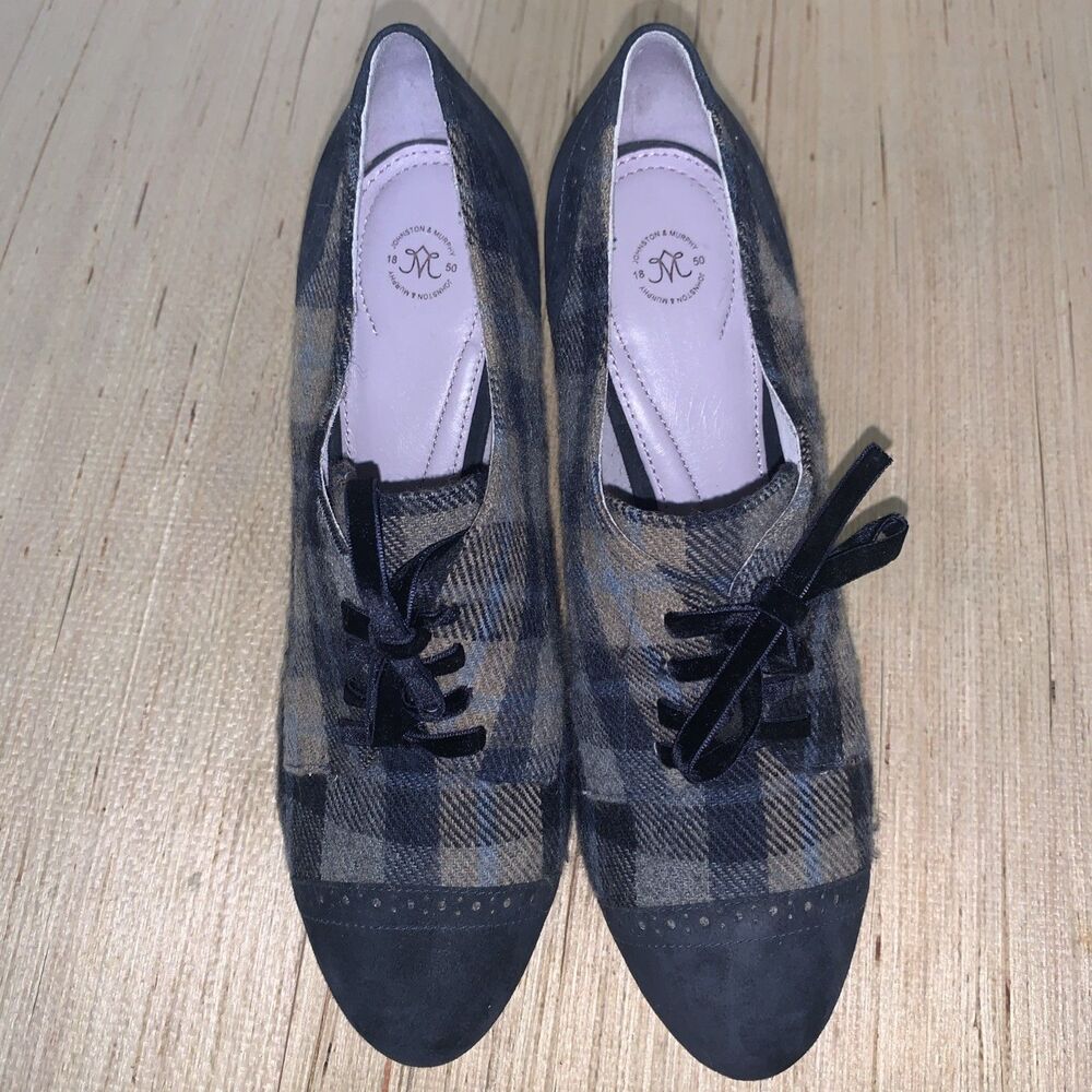 Johnston & Murphy Oxford Heels Sz 9M Office Academia Pinup Blue Gray Suede Wool - Picture 2 of 16
